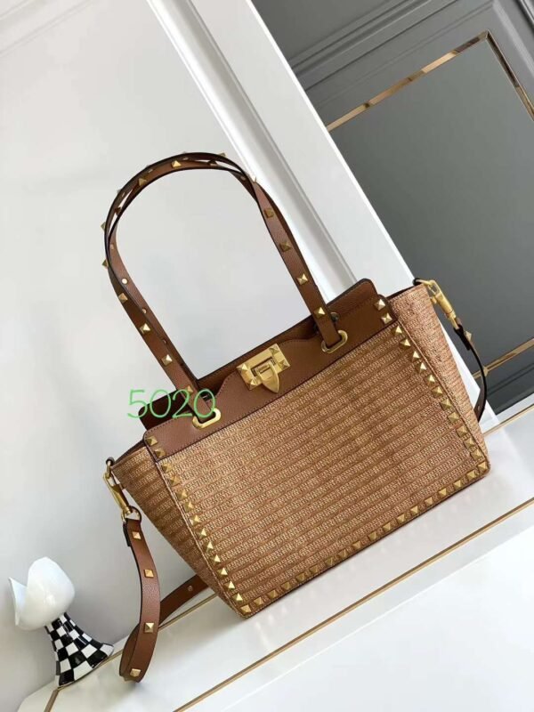 Woven Leather Shopper Tote | Quilted Genuine Leather Extra Large Tote Bag w/ Brass Hardware - Image 3